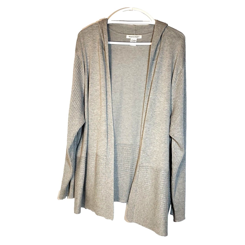 99 Jane Street Gray Open Front Hooded Cardigan Ribbed Sleeves/Lower‎ Sweater 3X